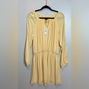 White House Black Market Dress Size 14 Yellow Smocked Waist Slit Sleeve Lined